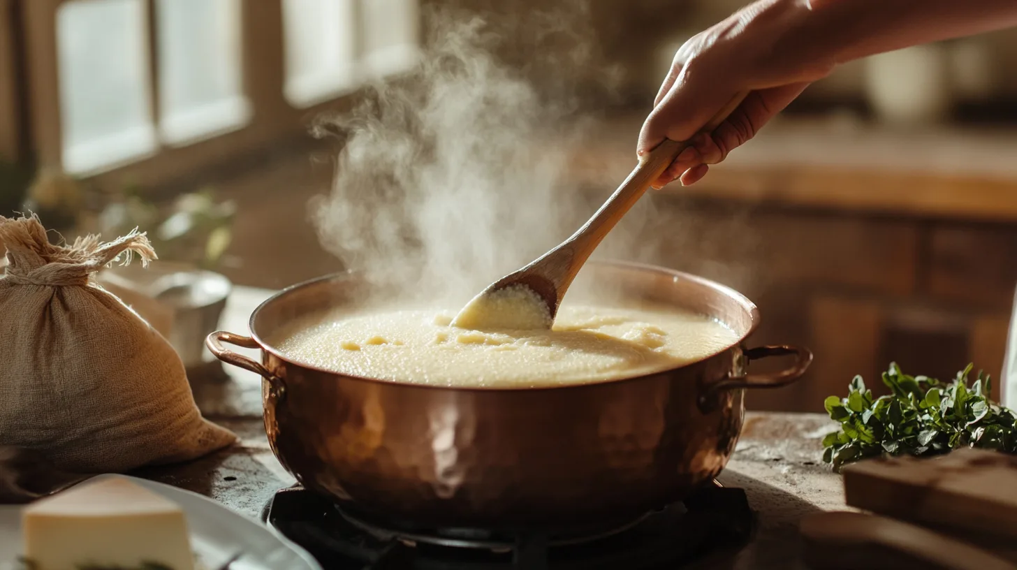 yecayeca a person stirring creamy polenta in a large copper p fcc139a3 0b64 4ffe a46a f1f1f6e2c417 2